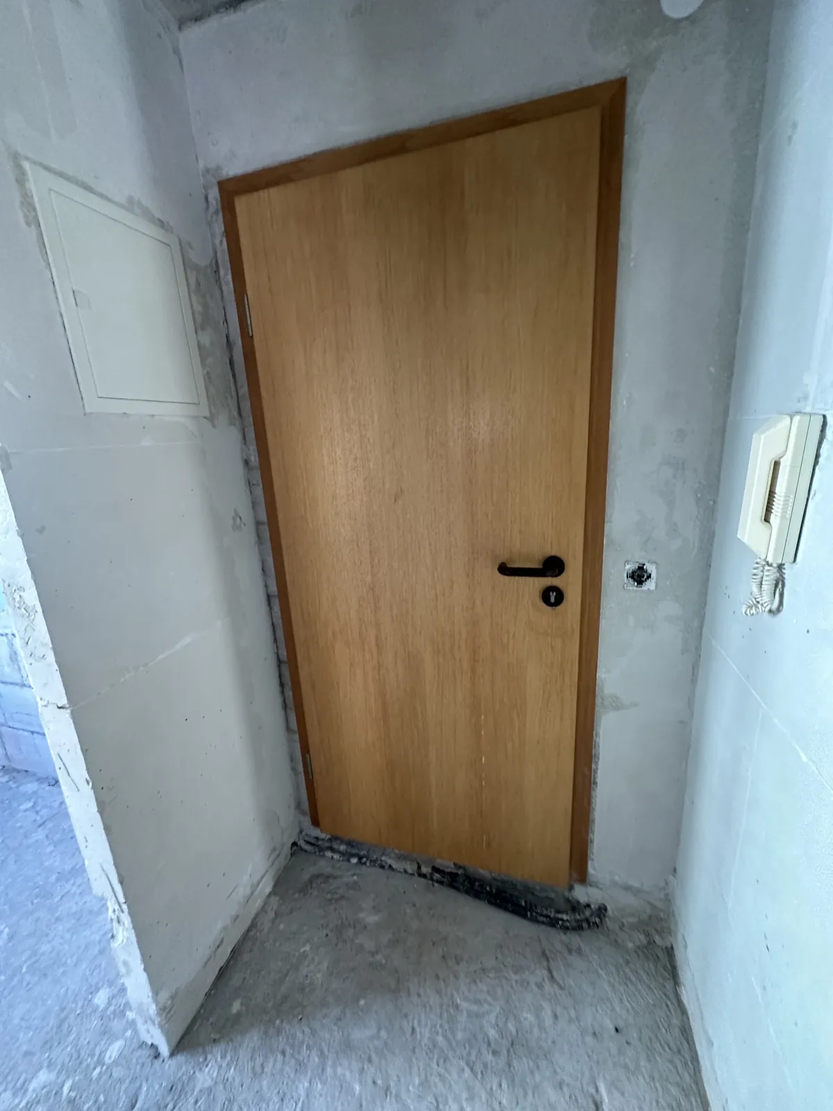 Wohnungseingang mit Holztür und Sprechanlage im entkernten Zustand nach dem Wasserschaden