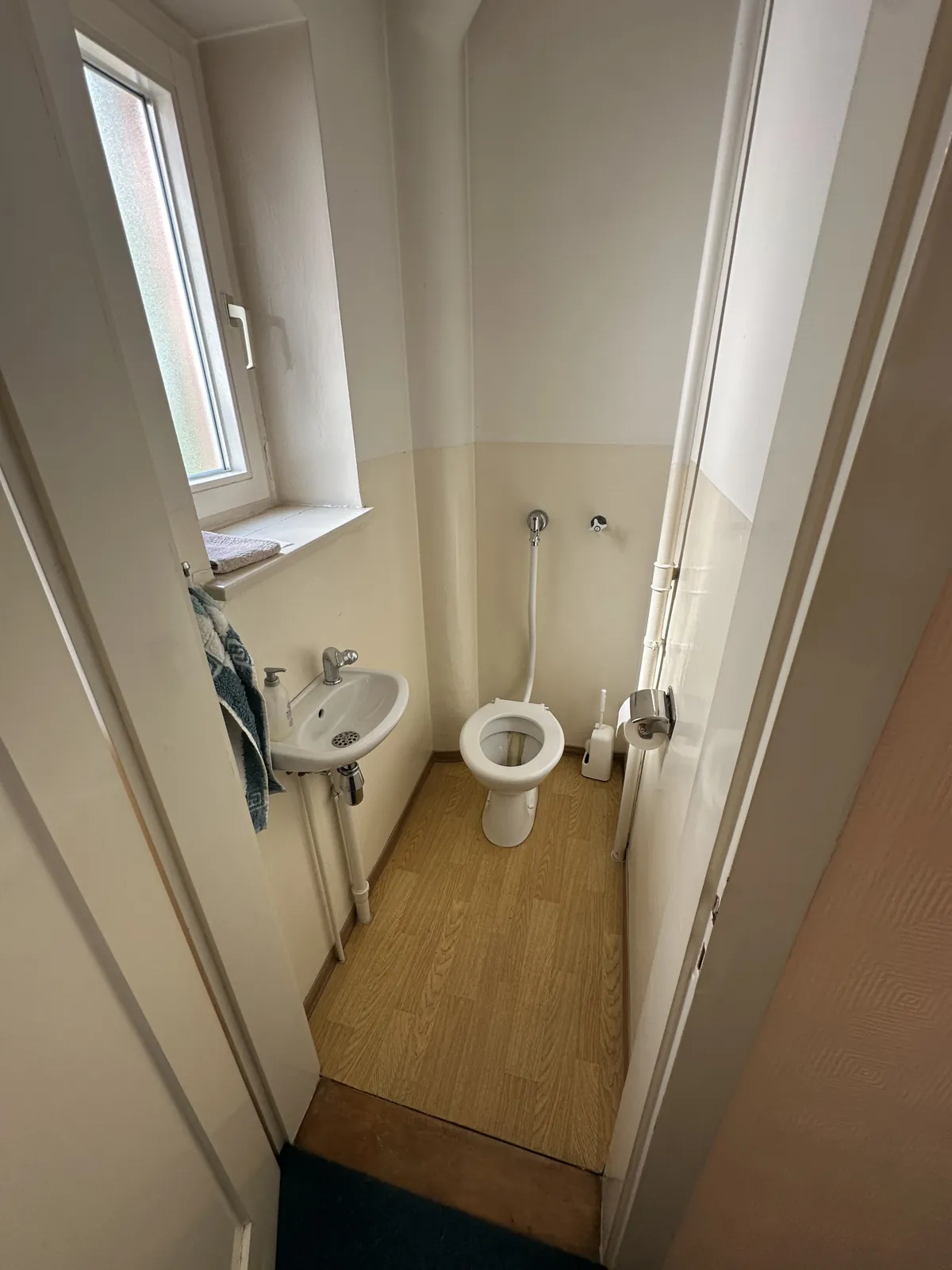 Altes Gäste-WC mit Waschbecken und WC vor der Sanierung