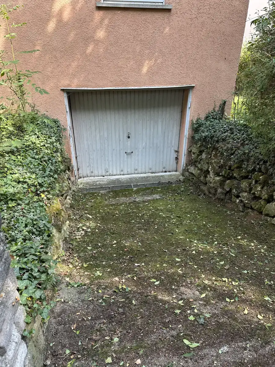 Verwitterte Garagenzufahrt mit bemoostem Pflaster vor der Sanierung